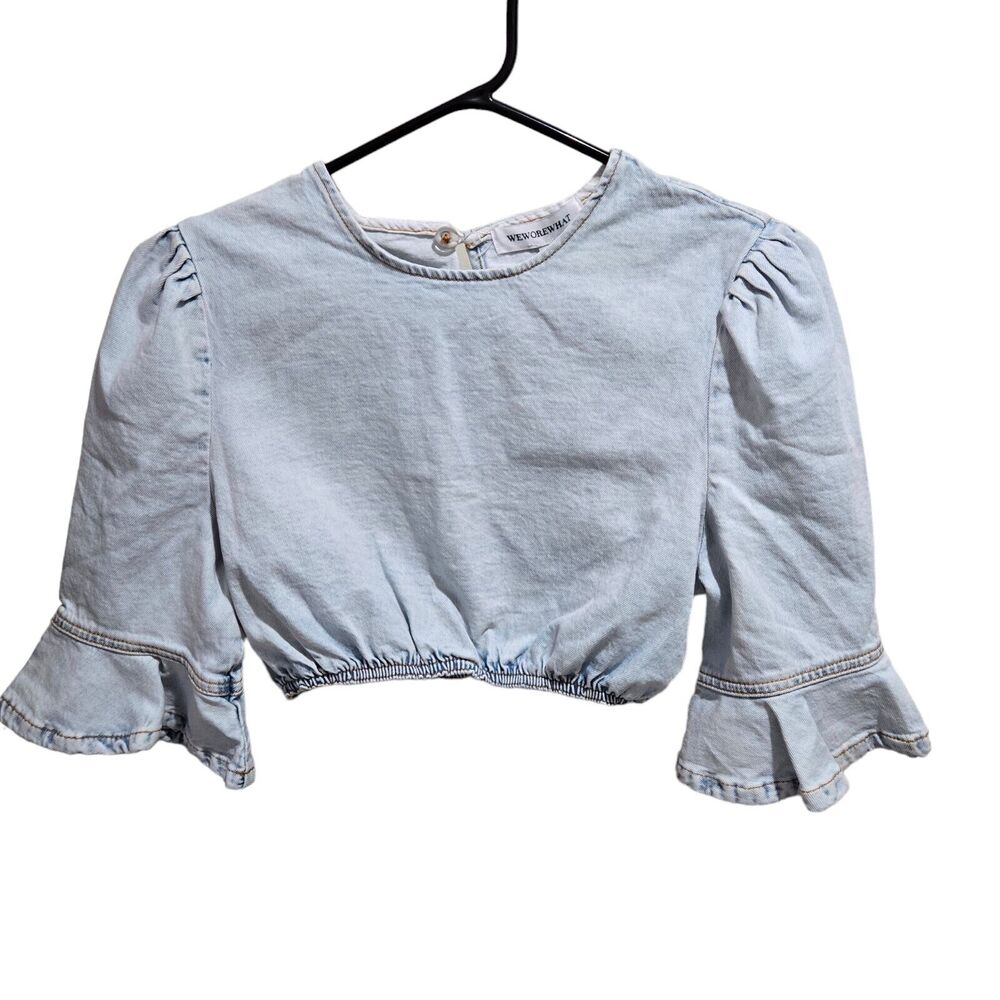 Who What Wear Light Wash Denim Crop Top Peplum Sleeves Small